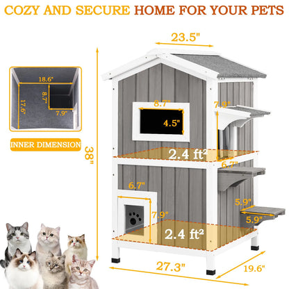 Two-story wooden cat shelter with openable roof