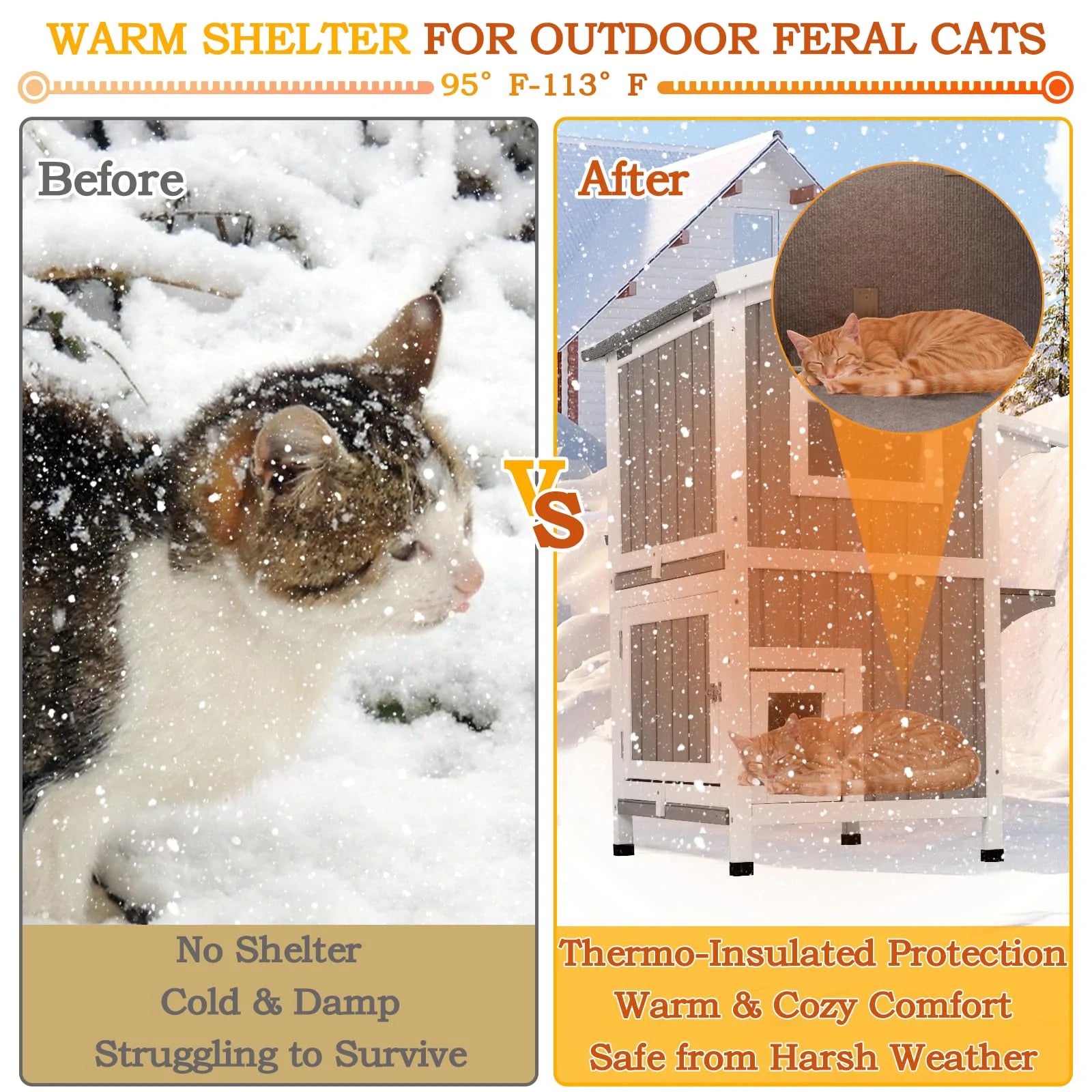 Grey wooden feral cat house with waterproof design