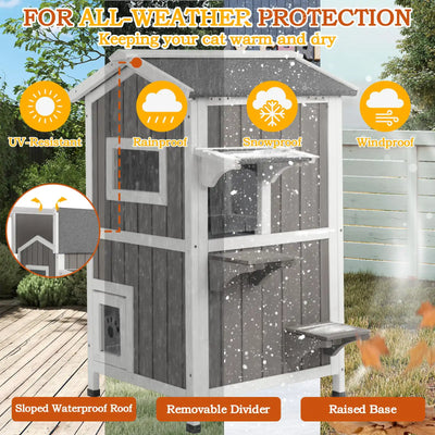 Outdoor Insulated Cat House, Wooden 2-Story Feral Cat Shelter