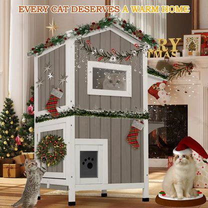 Inside view of two-story insulated outdoor cat shelter