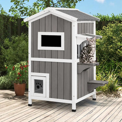 Outdoor cat house with weatherproof roof opened
