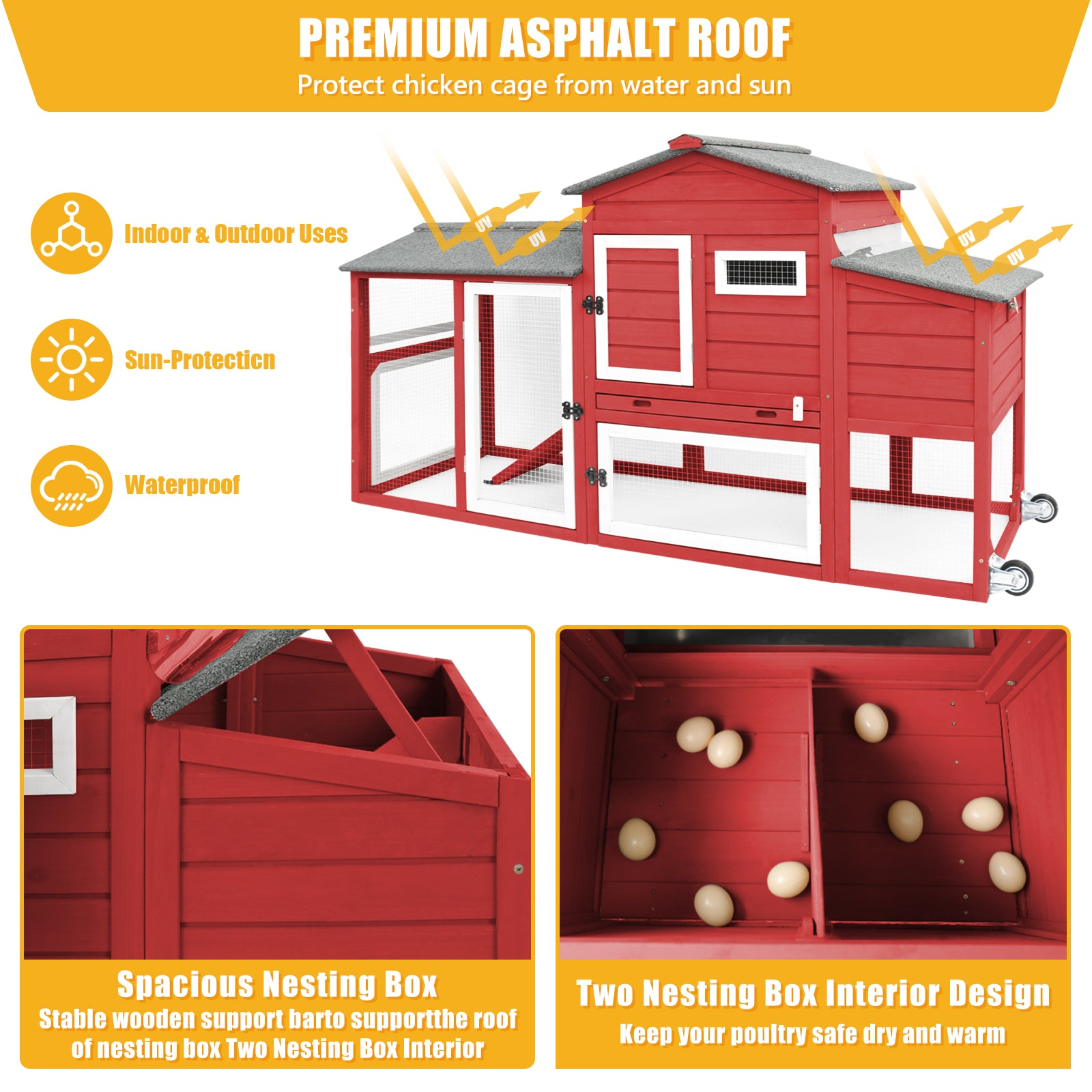 2 Story Chicken Coop Poultry Cage with Wheel for 2-3 Chickes-PET05W-RED