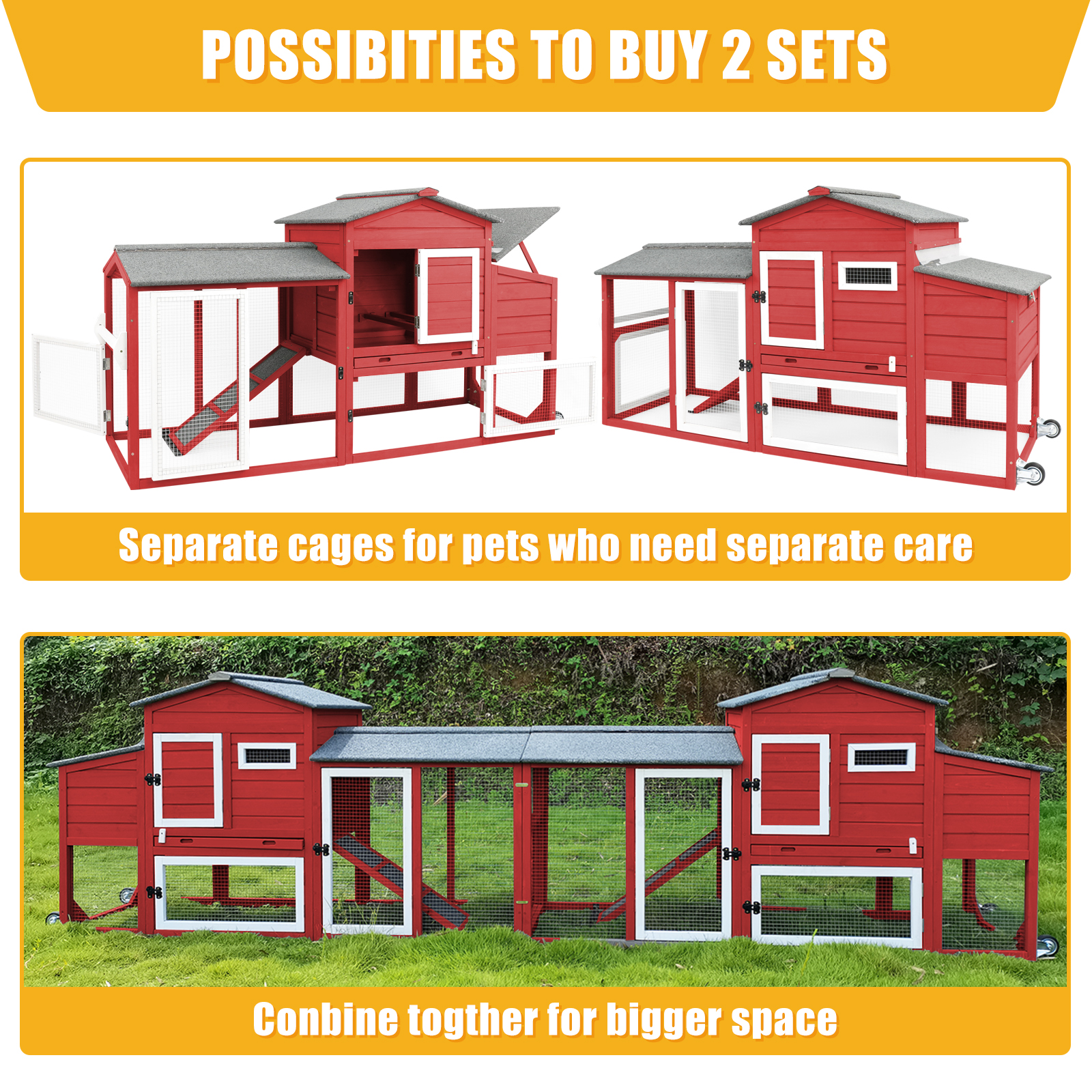 2 Story Chicken Coop Poultry Cage with Wheel for 2-3 Chickes-PET05W-RED