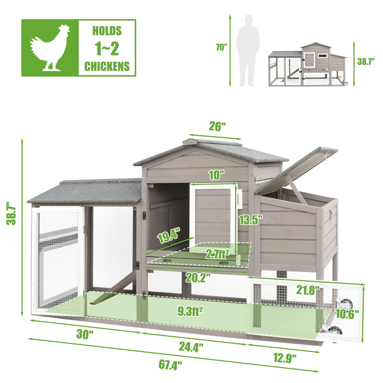 PETSCOSSET Large Chicken Coop for 2-3, 2 Story Poultry Cage Coop and Run, GREY