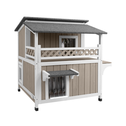 29″L Two Story Wooden Feral Cat House Outside with Balcony-PET14