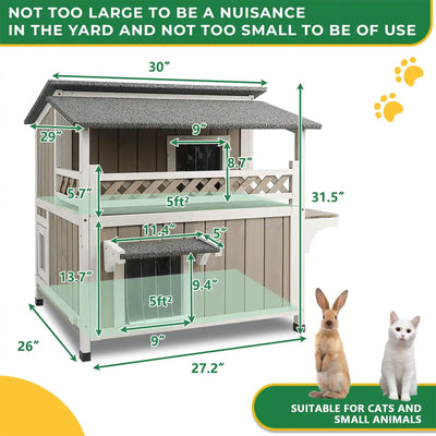 29″L Two Story Wooden Feral Cat House Outside with Balcony-PET14