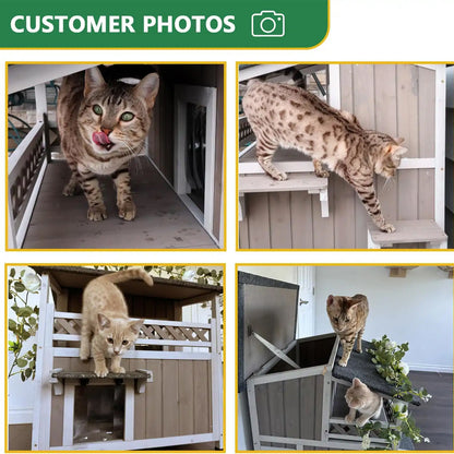 29″L Two Story Wooden Feral Cat House Outside with Balcony-PET14