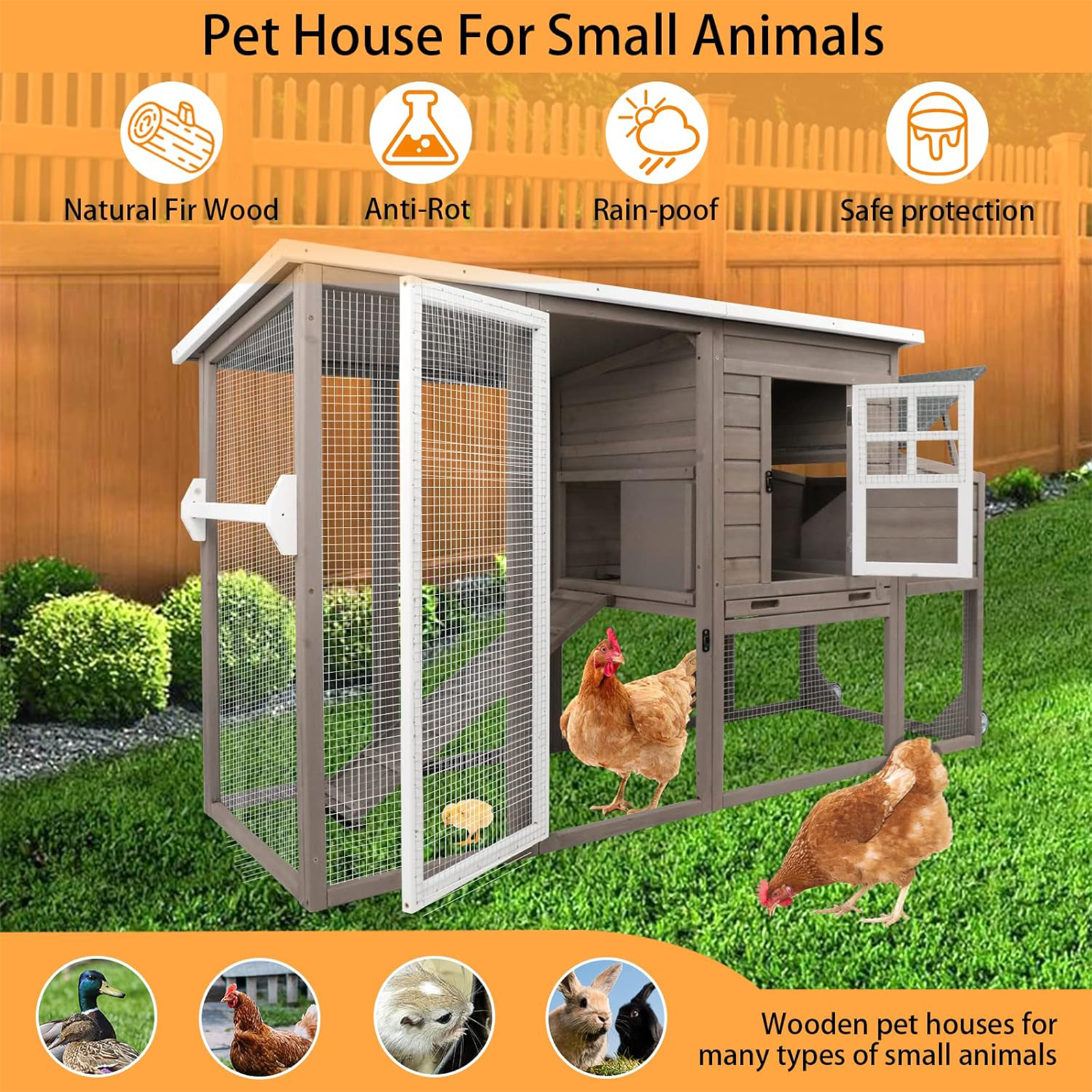 Large Hen House with Run, Nesting Box, Removable Tray-PET22W-GREY