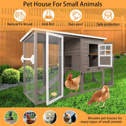Large Hen House with Run, Nesting Box, Removable Tray-PET22W-GREY