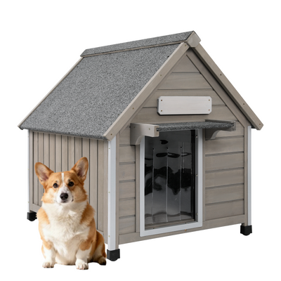 PETSCOSSET Dog House, Outdoor Wooden Dog Kennel with Window for Medium Dog, 26" D x 31.9" W x 32" H, Gray