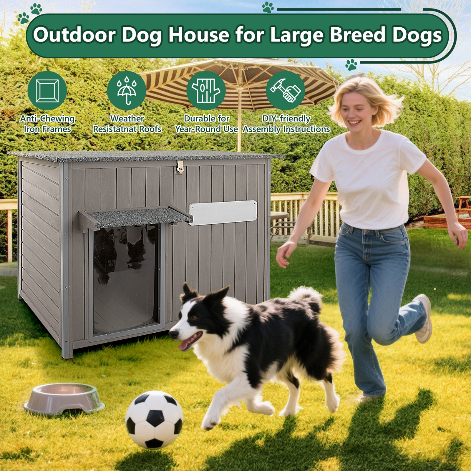 43.3" Large Outdoor Dog House for Dogs Up to 180lbs-PET48