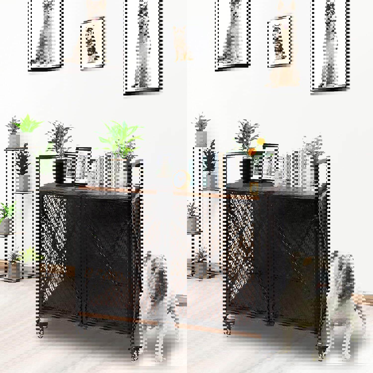 PETSCOSSET PET52 31″L brown wooden dog crate furniture with wheels