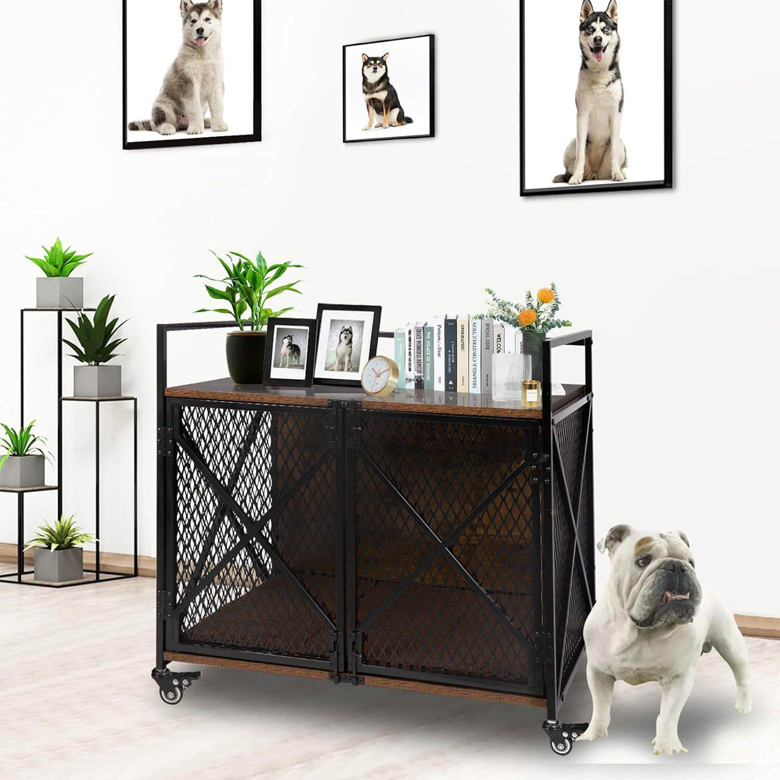 31″L Dog Crate Furniture Wooden Dog Kennel with Wheels-PET52