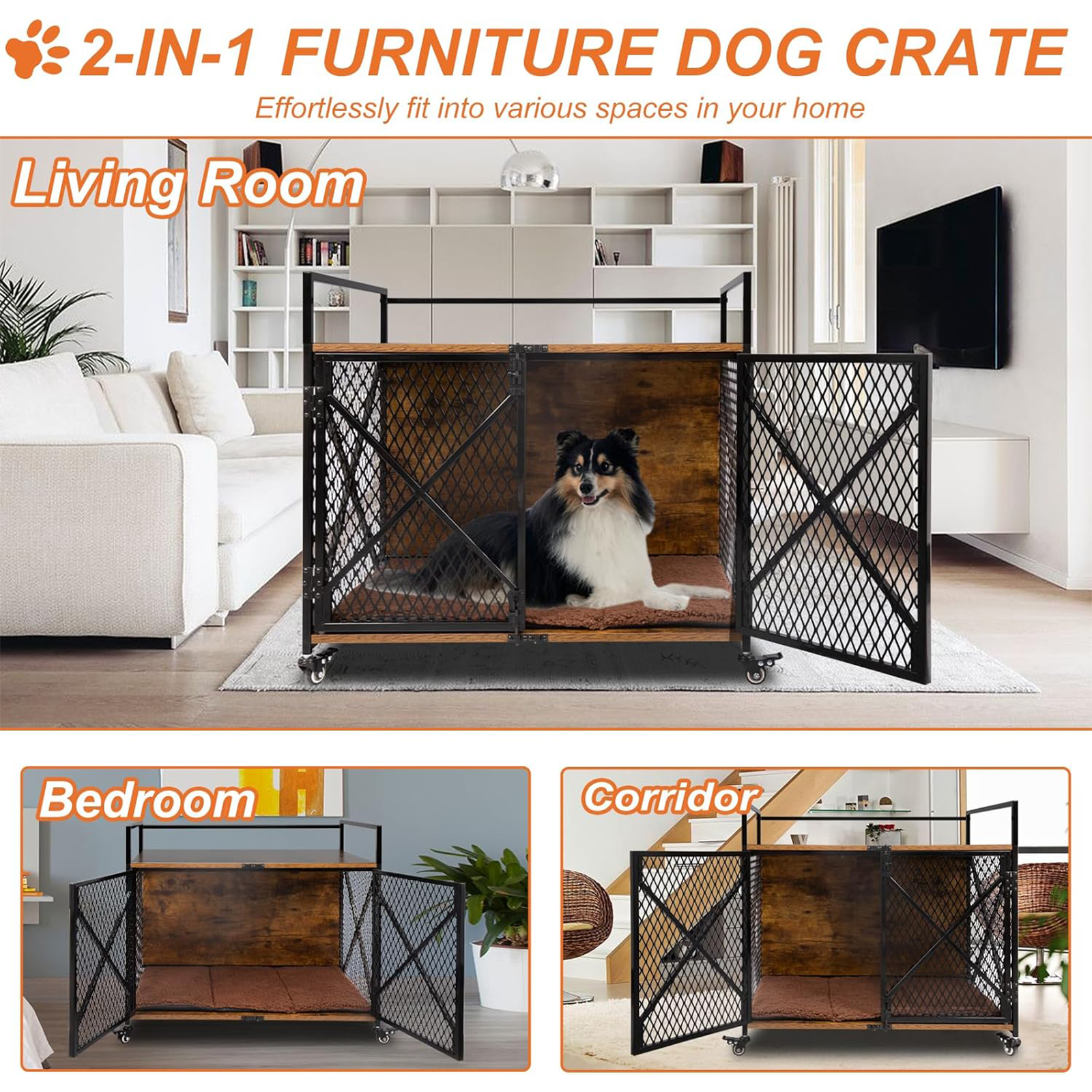 31″L Dog Crate Furniture Wooden Dog Kennel with Wheels-PET52