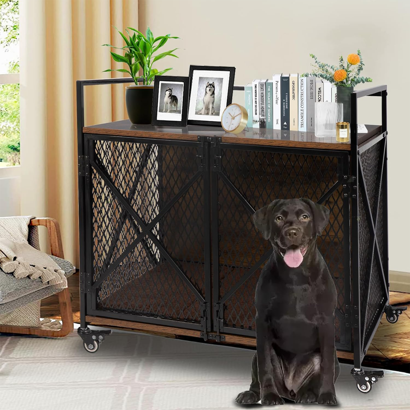 41″L Dog Crate Furniture,  Wooden Dog Kennel with Wheels-PET53