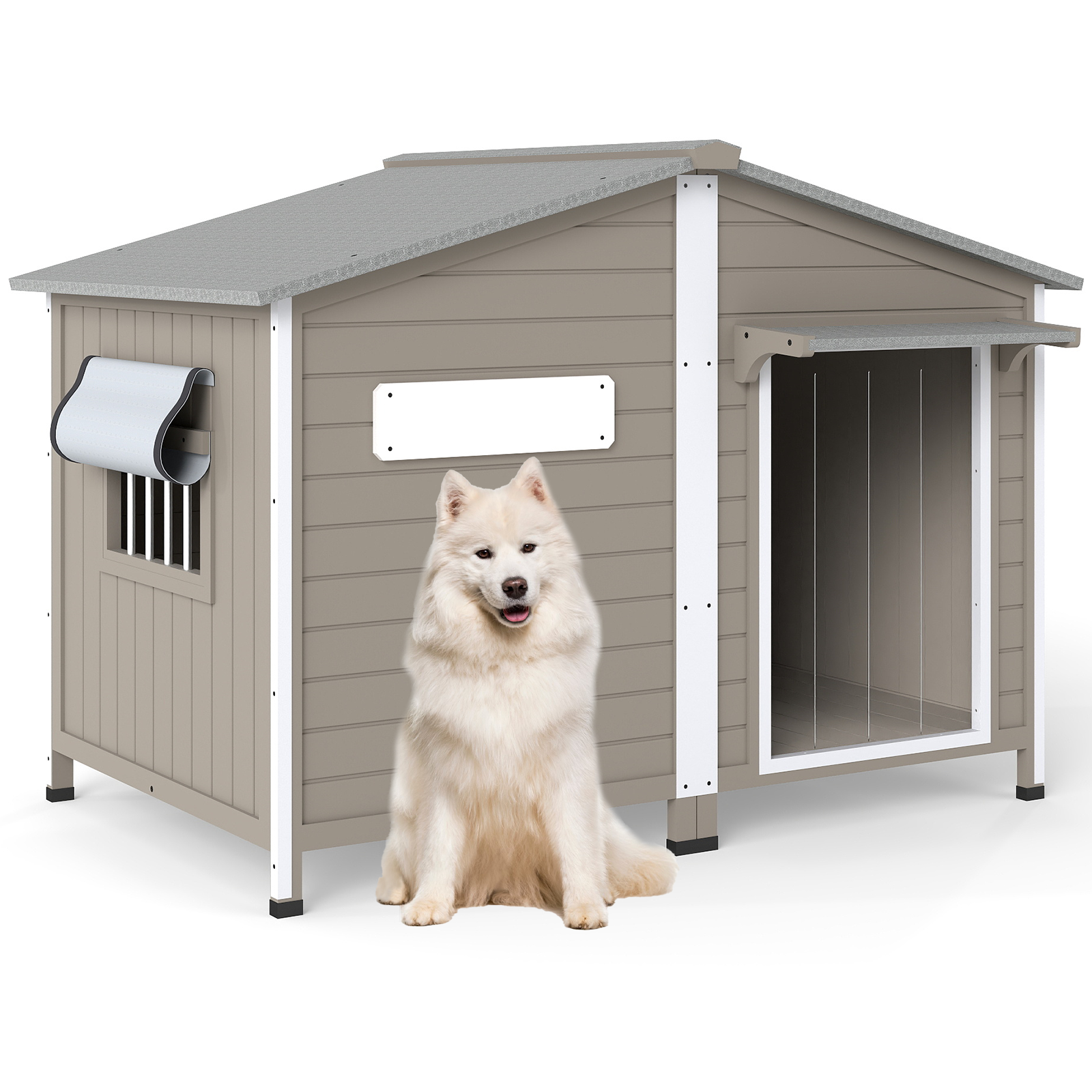 PETSCOSSET Large Wooden Dog House with Chew-Proof Metal Edges & Weatherproof Roof, Indoor Outdoor Dog Kennel