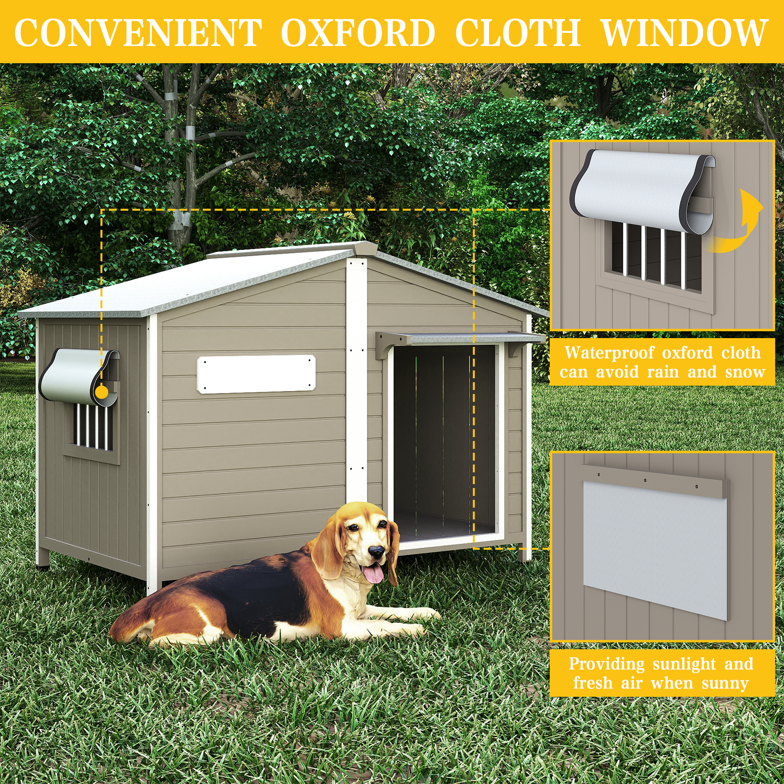 PETSCOSSET Large Wooden Dog House with Chew-Proof Metal Edges & Weatherproof Roof, Indoor Outdoor Dog Kennel