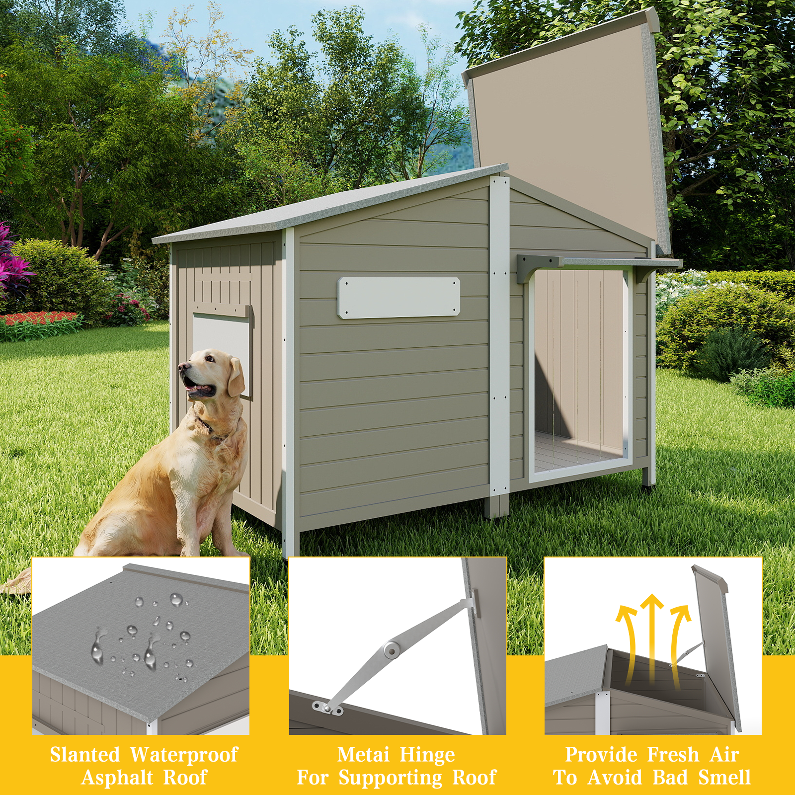 PETSCOSSET Large Wooden Dog House with Chew-Proof Metal Edges & Weatherproof Roof, Indoor Outdoor Dog Kennel