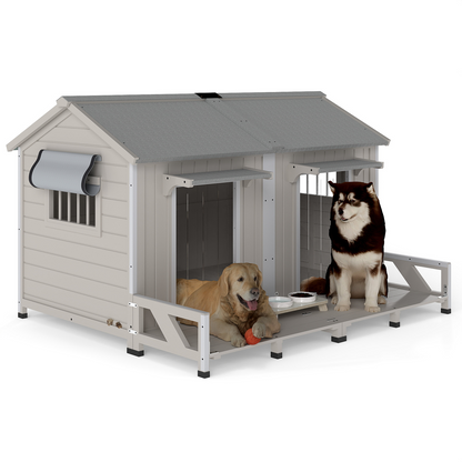 PETSCOSSET Large Wooden Outdoor Dog House for 2 Dogs, Weatherproof with Openable Roof & Balcony
