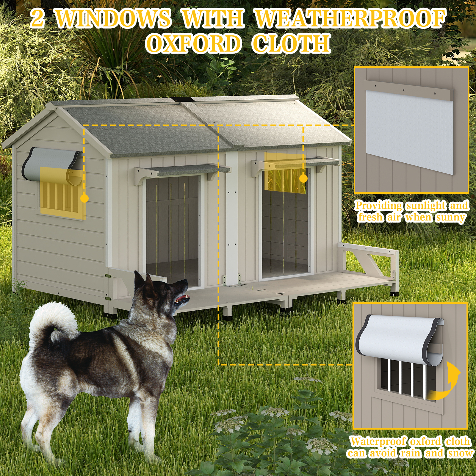 PETSCOSSET Large Wooden Outdoor Dog House for 2 Dogs, Weatherproof with Openable Roof & Balcony