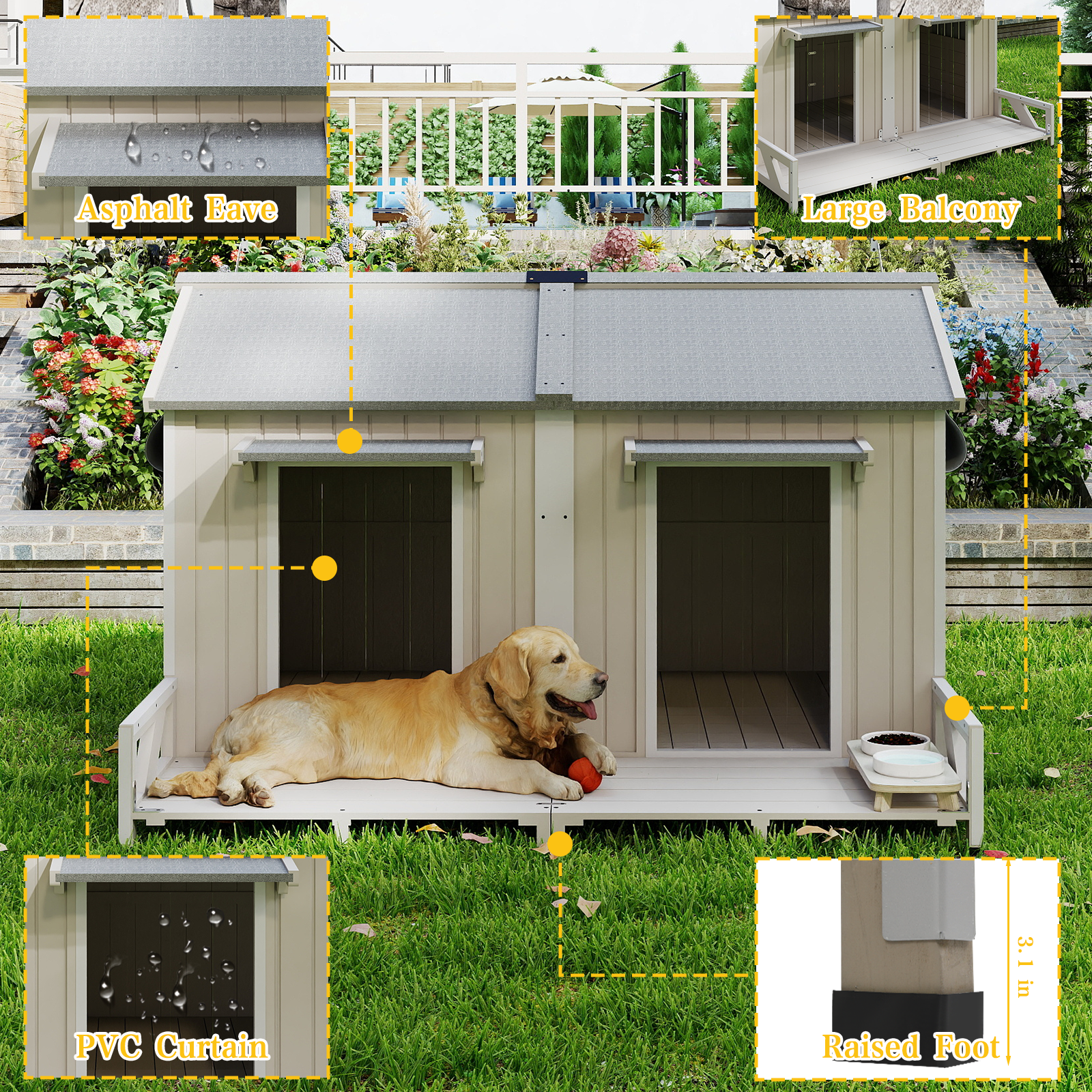 PETSCOSSET Large Wooden Outdoor Dog House for 2 Dogs, Weatherproof with Openable Roof & Balcony