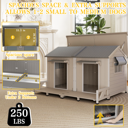 PETSCOSSET Large Wooden Outdoor Dog House for 2 Dogs, Weatherproof with Openable Roof & Balcony