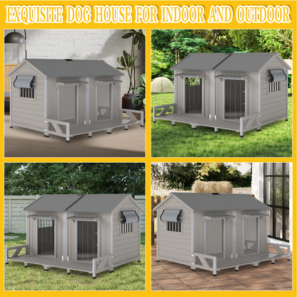 PETSCOSSET Large Wooden Outdoor Dog House for 2 Dogs, Weatherproof with Openable Roof & Balcony