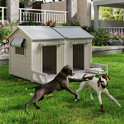 PETSCOSSET Large Wooden Outdoor Dog House for 2 Dogs, Weatherproof with Openable Roof & Balcony