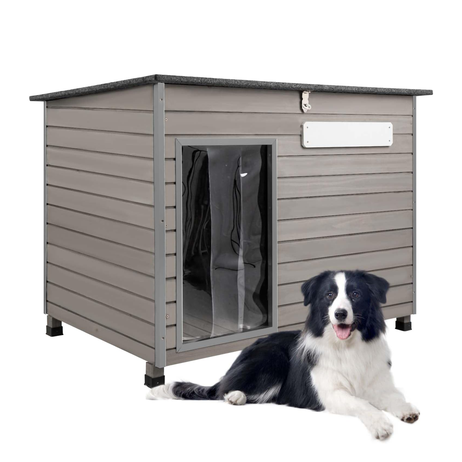 43.3”L Wooden Dog House Outdoor Dog Kennel with Anti-Chewing Iron Frames for Large Dogs-PET65