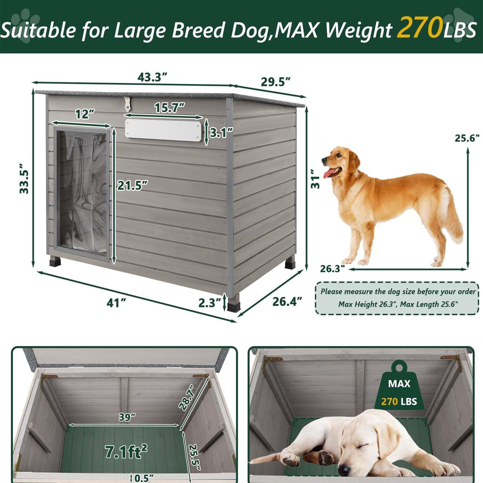 43.3”L Wooden Outdoor Dog Kennel with Anti-Chewing Iron Frames-PET65