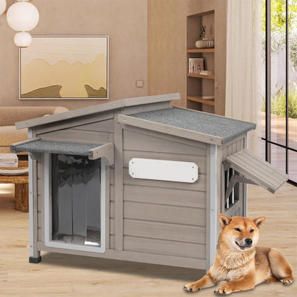 Wooden Dog House Outdoor with Chew-Proof Iron Frame for Medium Dogs-PET69