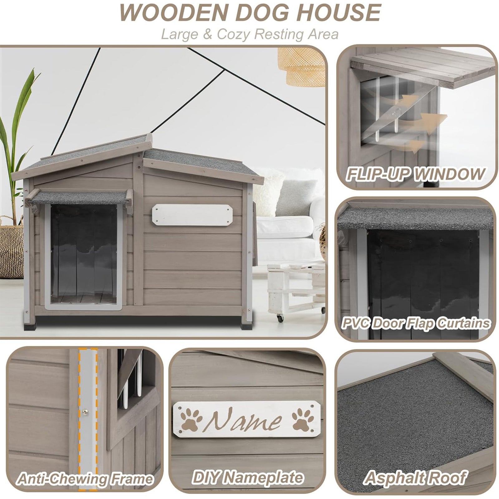 Wooden Dog House Outdoor with Chew-Proof Iron Frame for Medium Dogs-PET69