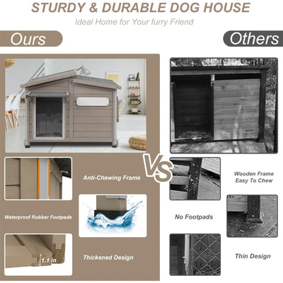 Wooden Dog House Outdoor with Chew-Proof Iron Frame for Medium Dogs-PET69