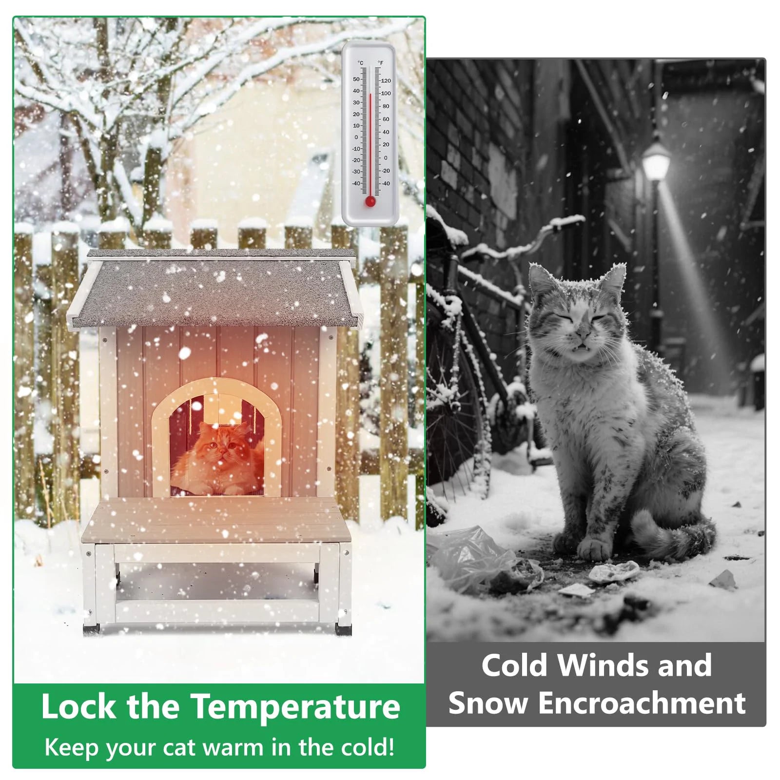 Winter weatherproof cat shelter with openable asphalt roof