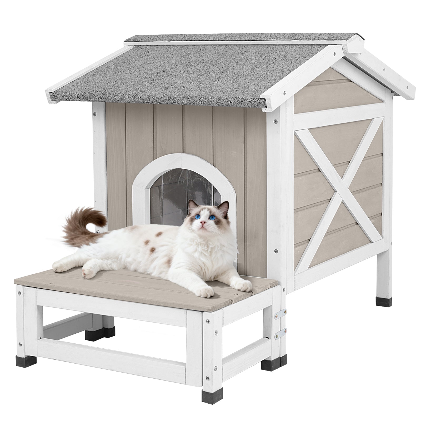 PETSCOSSET Outdoor Cat House with Balcony, Openable Roof & Escape Door - Weatherproof Wooden Shelter