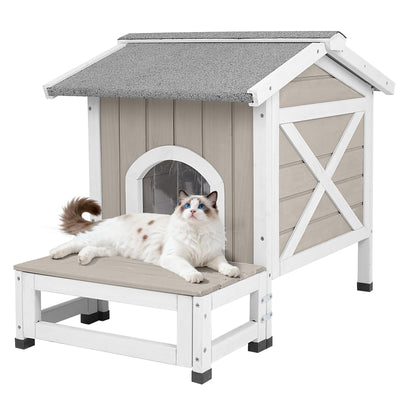 Outdoor Cat House with Balcony, Openable Roof & Escape Door - Weatherproof Wooden Shelter-PET70