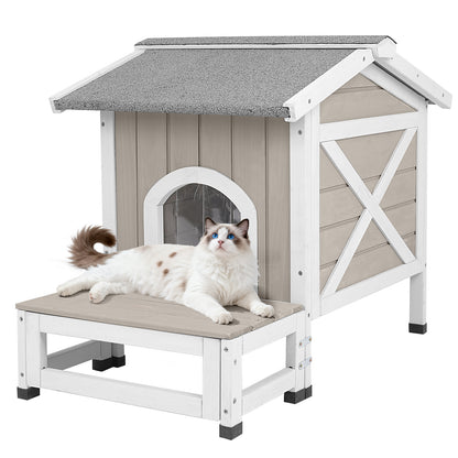 PETSCOSSET Outdoor Cat House with Balcony, Openable Roof & Escape Door - Weatherproof Wooden Shelter