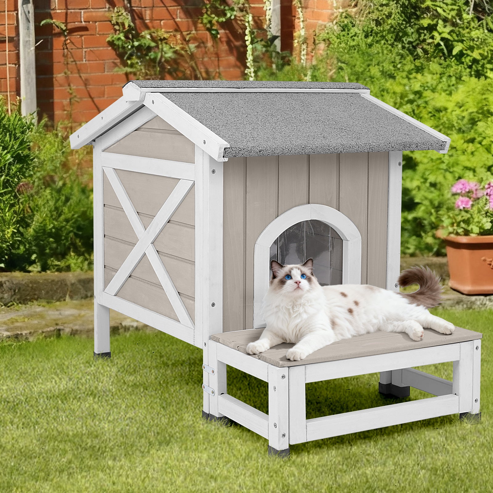 PETSCOSSET Outdoor Cat House with Balcony, Openable Roof & Escape Door - Weatherproof Wooden Shelter