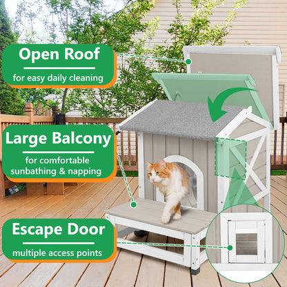 PETSCOSSET Outdoor Cat House with Balcony, Openable Roof & Escape Door - Weatherproof Wooden Shelter