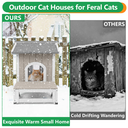 PETSCOSSET Outdoor Cat House with Balcony, Openable Roof & Escape Door - Weatherproof Wooden Shelter