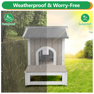 Outdoor Cat House with Balcony, Openable Roof & Escape Door - Weatherproof Wooden Shelter-PET70