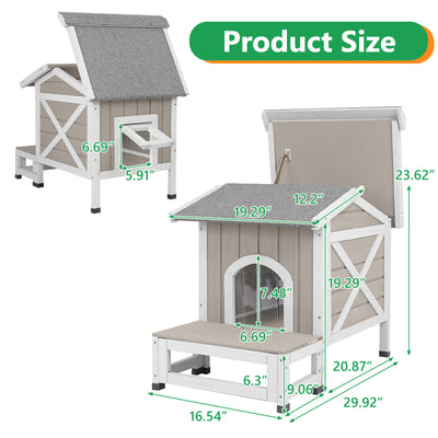 Outdoor Cat House with Balcony, Openable Roof & Escape Door - Weatherproof Wooden Shelter-PET70
