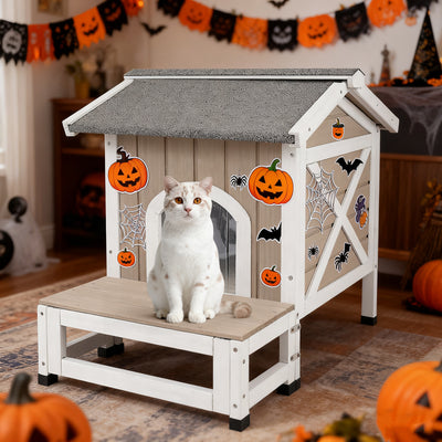 Outdoor Cat House with Balcony, Openable Roof & Escape Door - Weatherproof Wooden Shelter-PET70