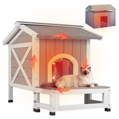 PETSCOSSET Outdoor Cat House with Balcony, Openable Roof & Escape Door - Weatherproof Wooden Shelter