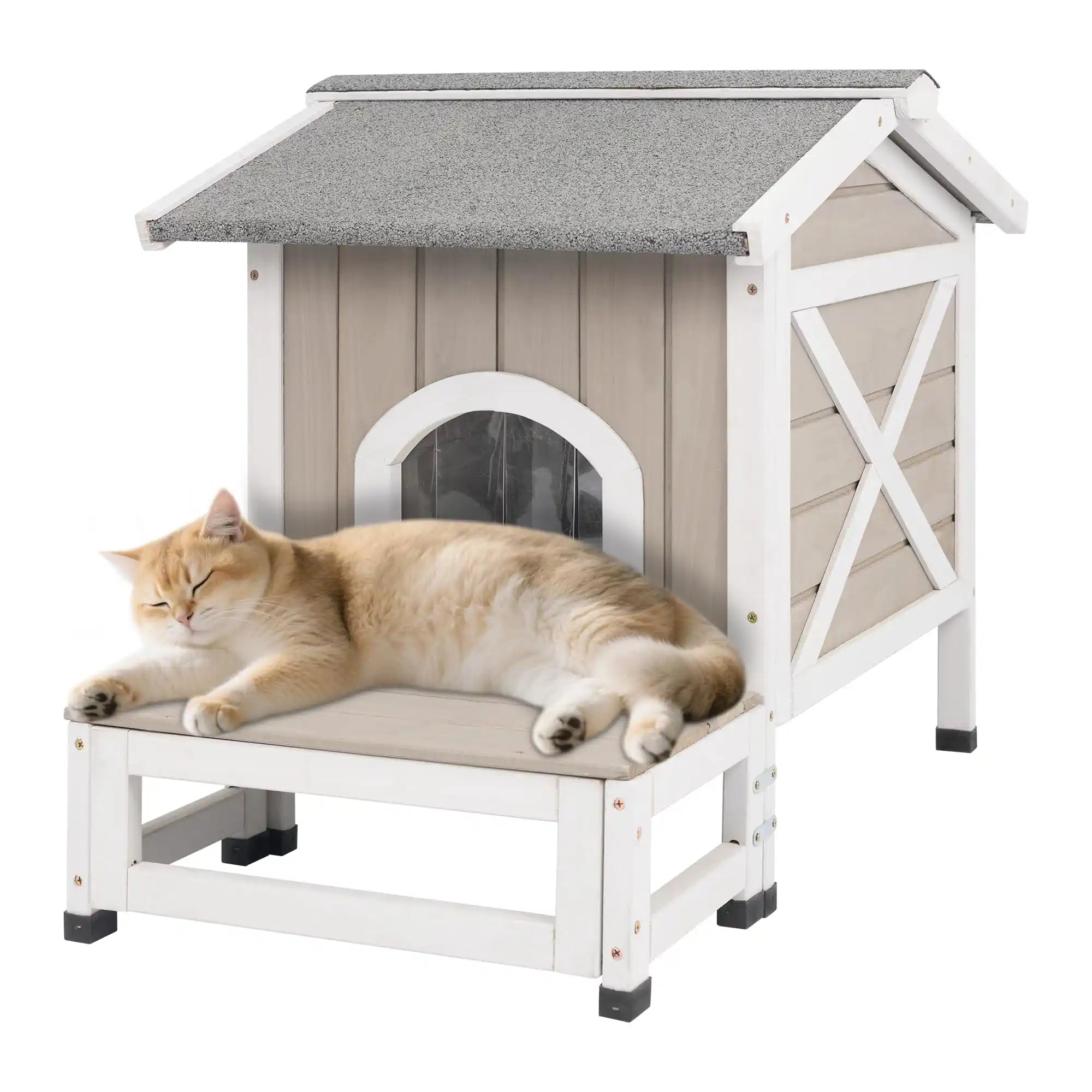 PETSCOSSET outdoor cat house with balcony front view