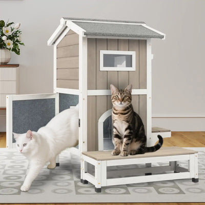 Balcony resting spot for cats on insulated wooden cat house