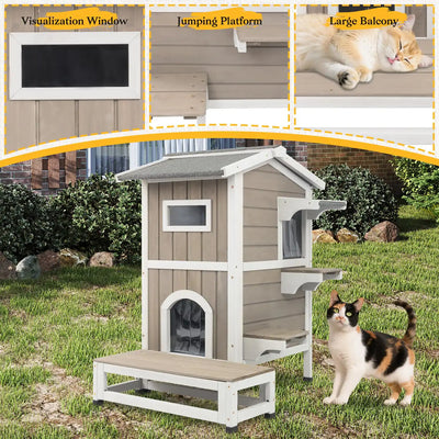 Double-decker insulated cat house for outdoor and indoor use