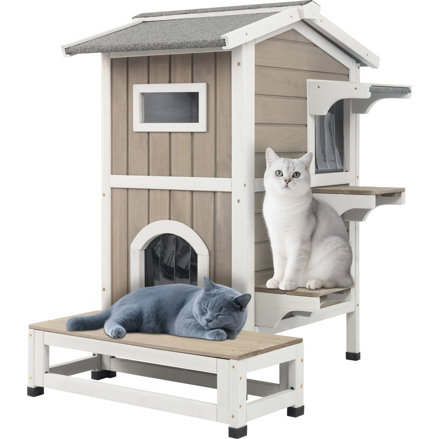 Wooden cat shelter with openable roof and elevated base for feral cats