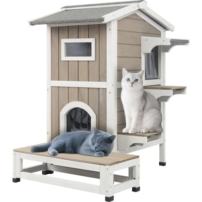 Wooden cat shelter with openable roof and elevated base for feral cats