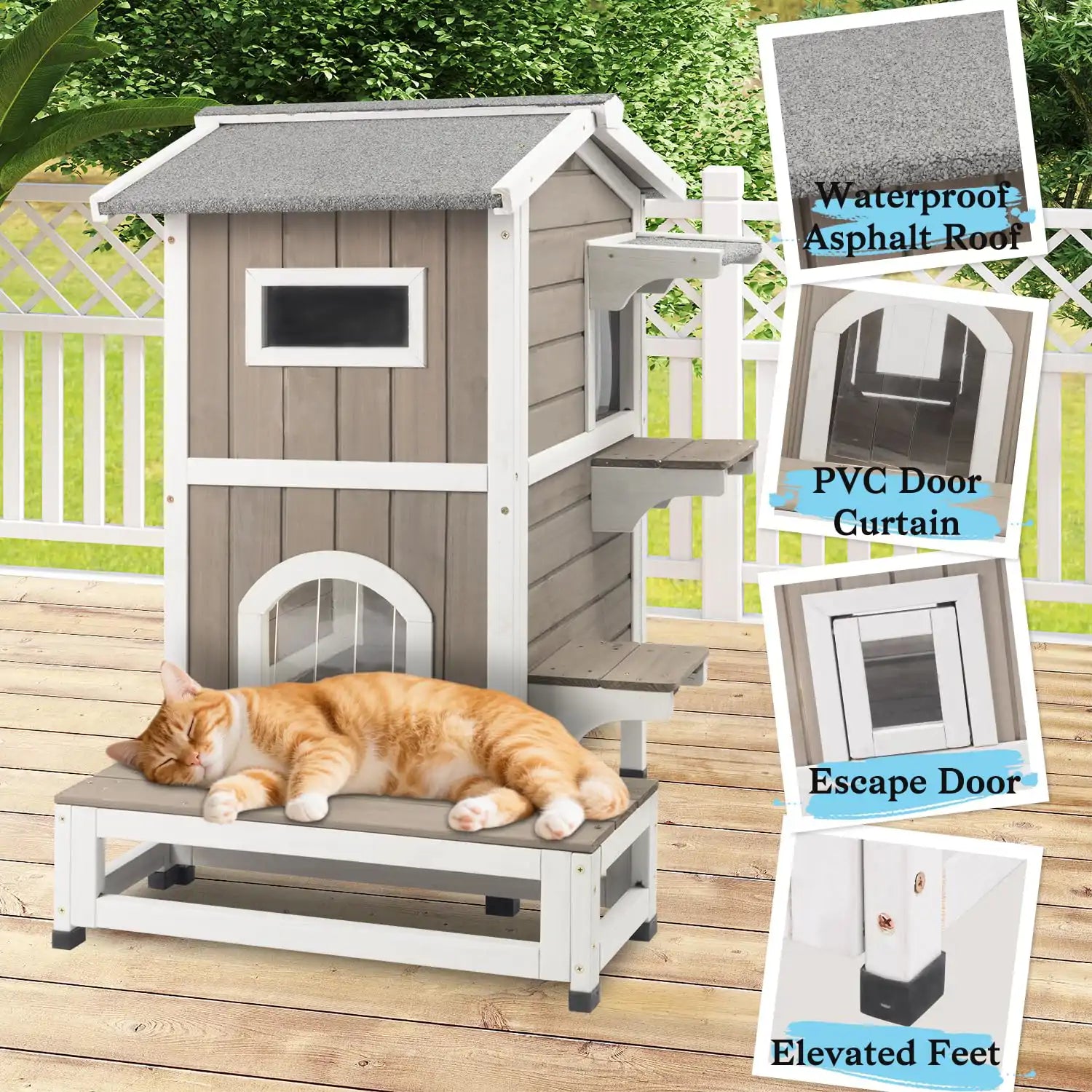Outdoor cat house with 4 doors for easy entry and ventilation